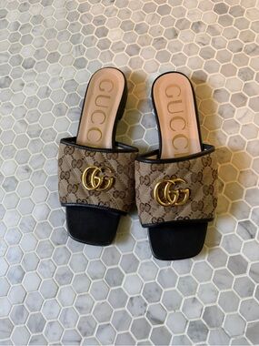 Gucci Brown Monogram GG Logo Slide Mules with Black Footbed